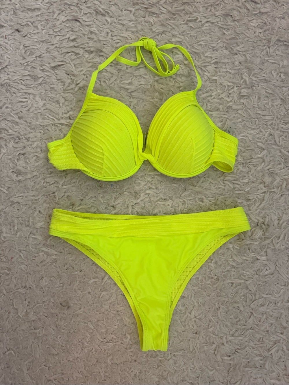 Neon Yellow Halter Push-Up Bikini Set - Women Swim